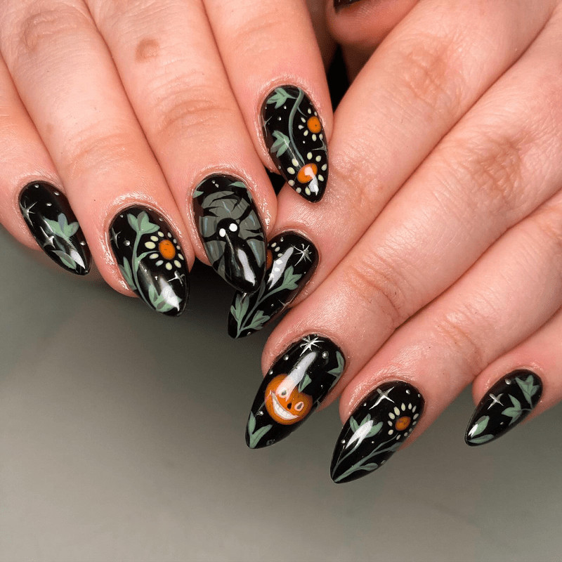48Pcs-Long Almond Black Base Green Botanical Pumpkin Halloween Press on Nails