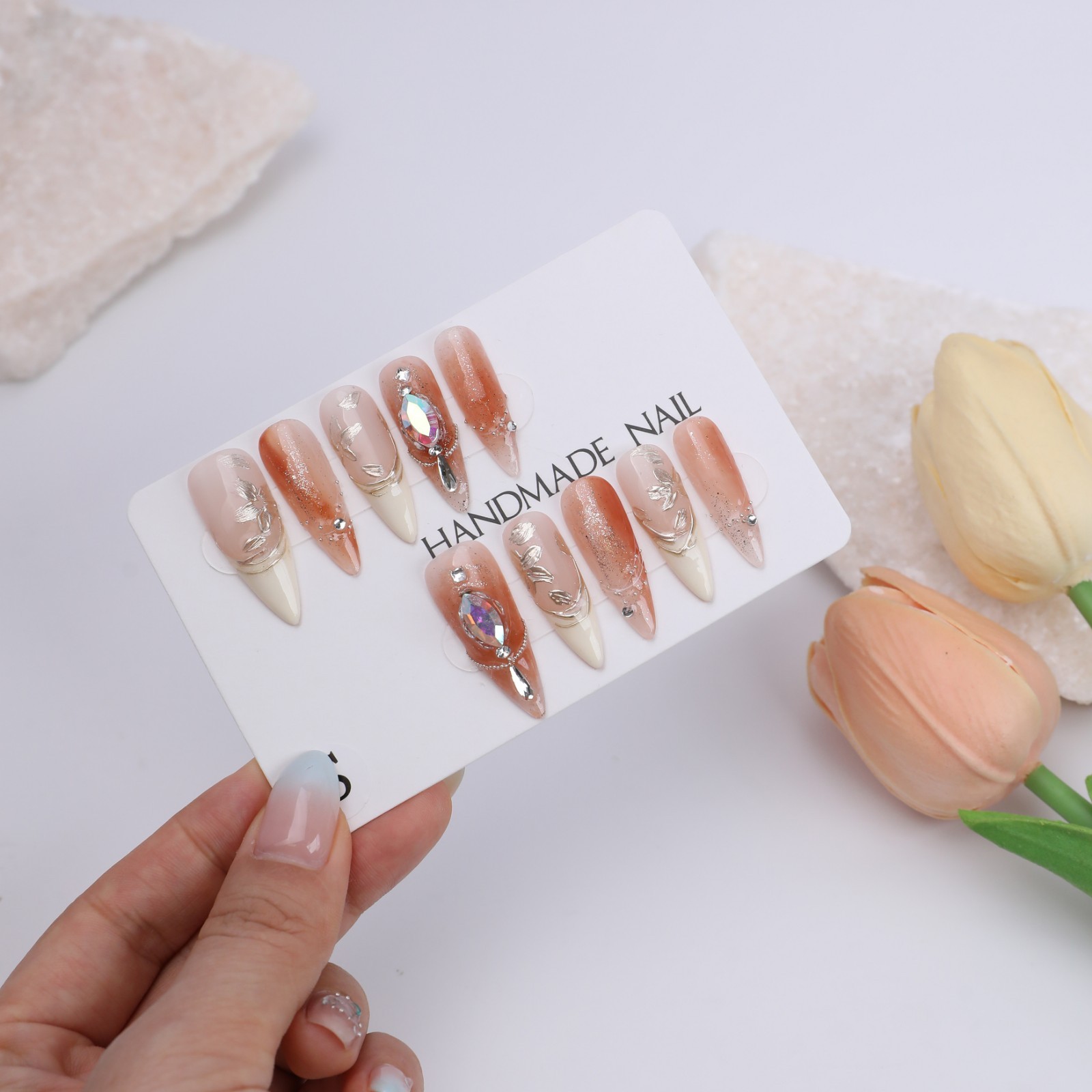Honey Tea Pink Brown Ombre Press On Nails Medium Stiletto Gold Foil Rhinestone