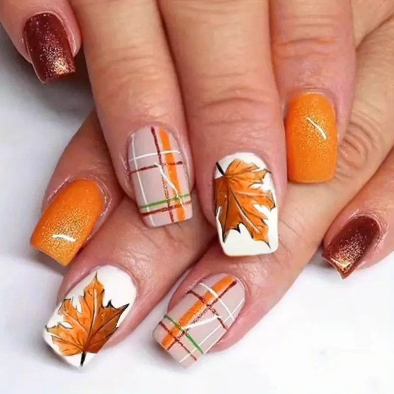 24pcs Glossy Medium, Square Press-On Nails, Autumn Maple Leaf, Thanksgiving