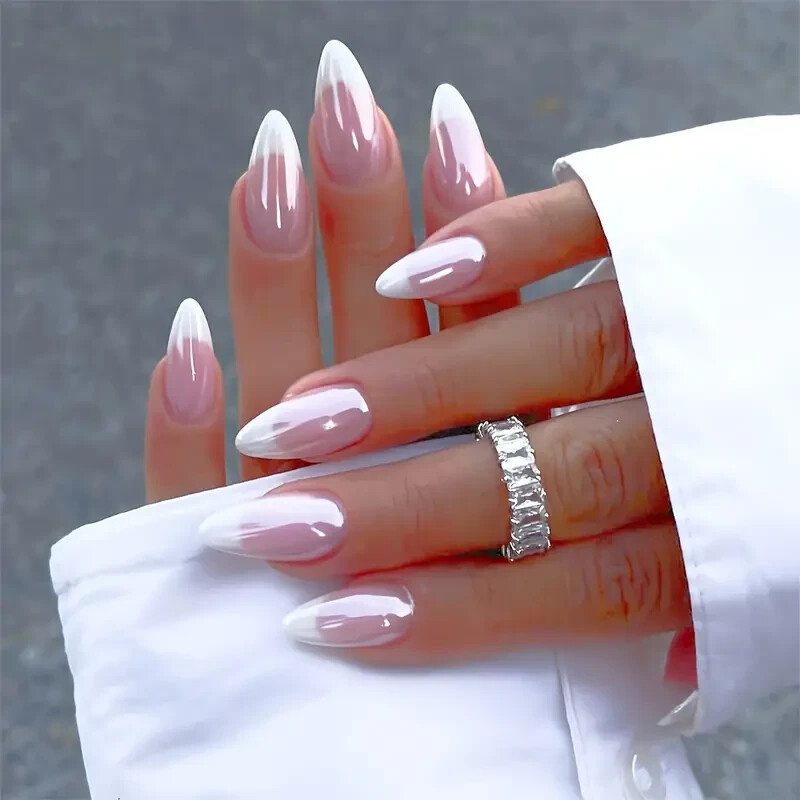 24pcs/set White French Tip Press On Nails Medium Almond Aurora Fake Nails Simple