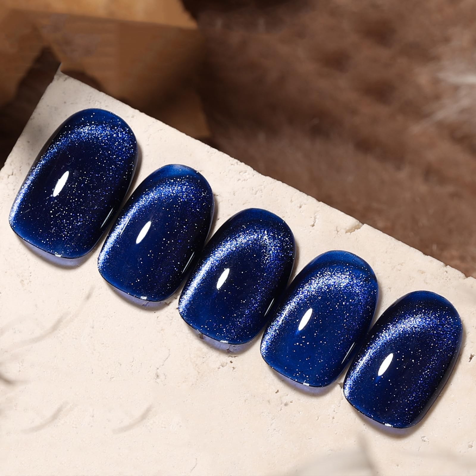 Blue Glitter Press on Nails Short Square Fake Nails False Nails with Design G…