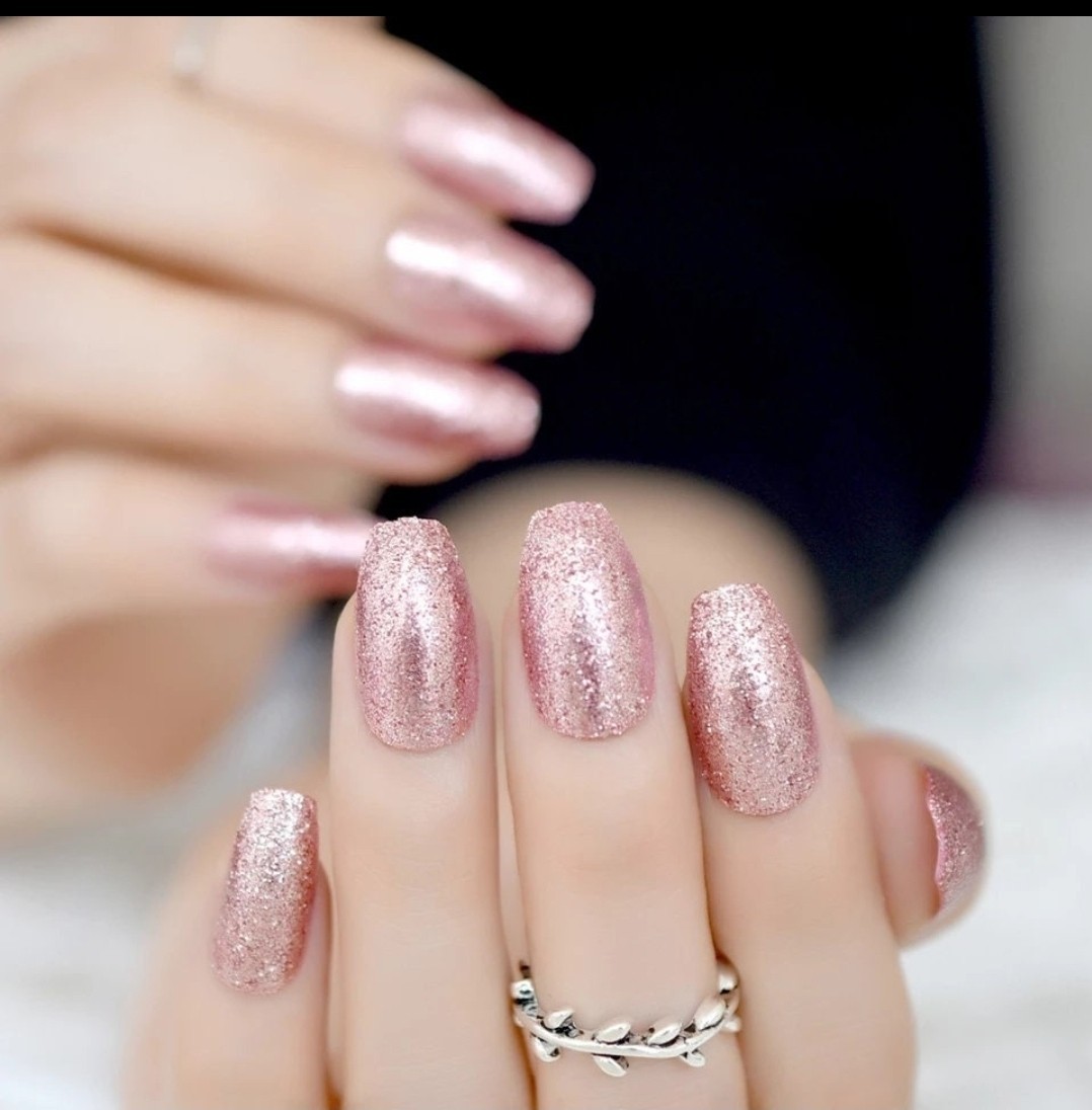 24 Pink Rose Gold Glitter Press on nails kit w/ glue Medium Coffin sparkle