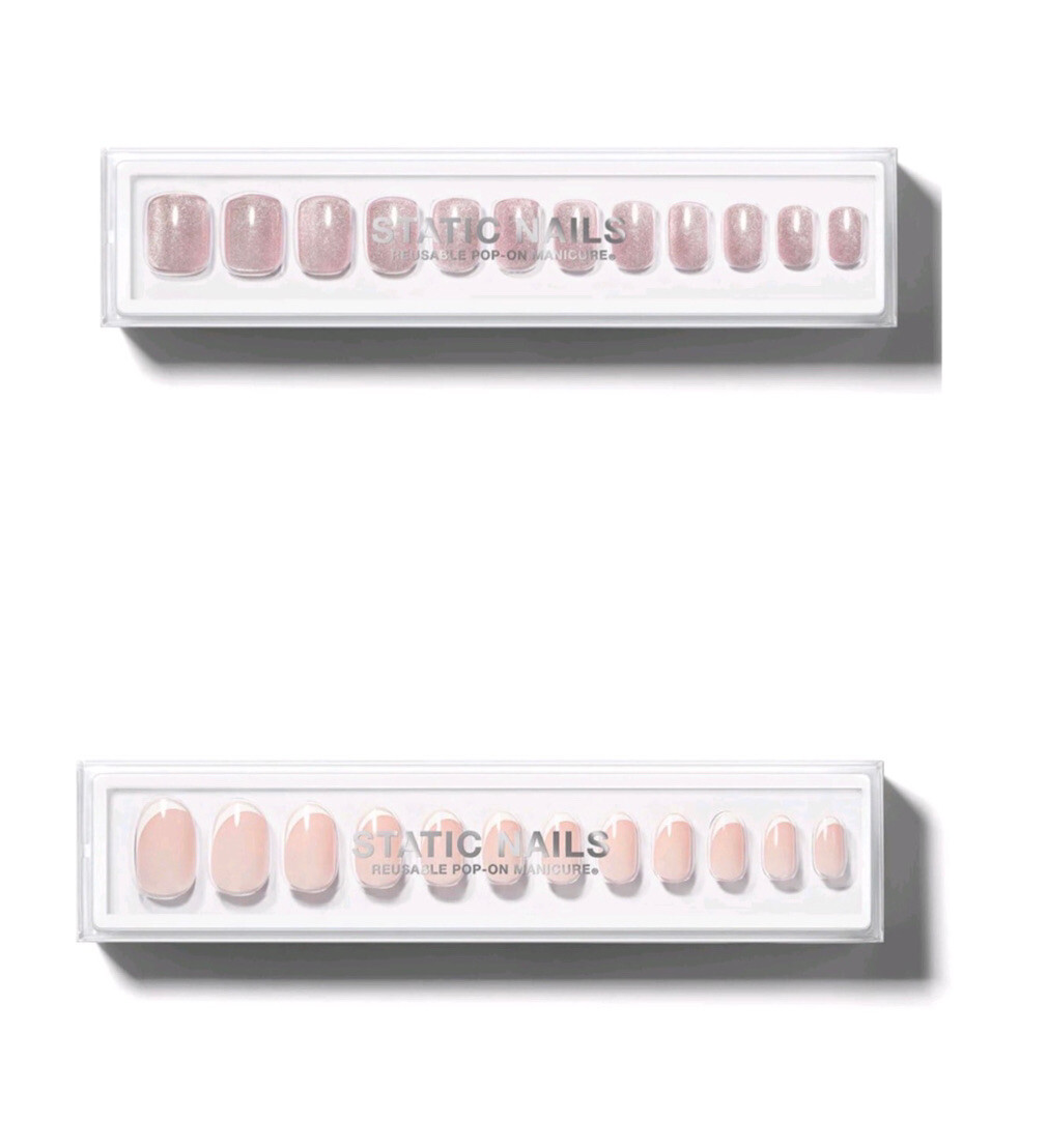 2 Sets of Static Nails in Curved Round French and Velvet Pink Square