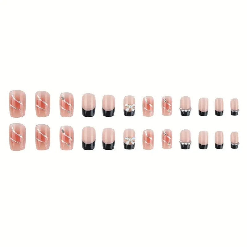 New – 3D Rhinestones Nails Full Cover Stick 24 pcs. ( Short Pink Black Tip) US