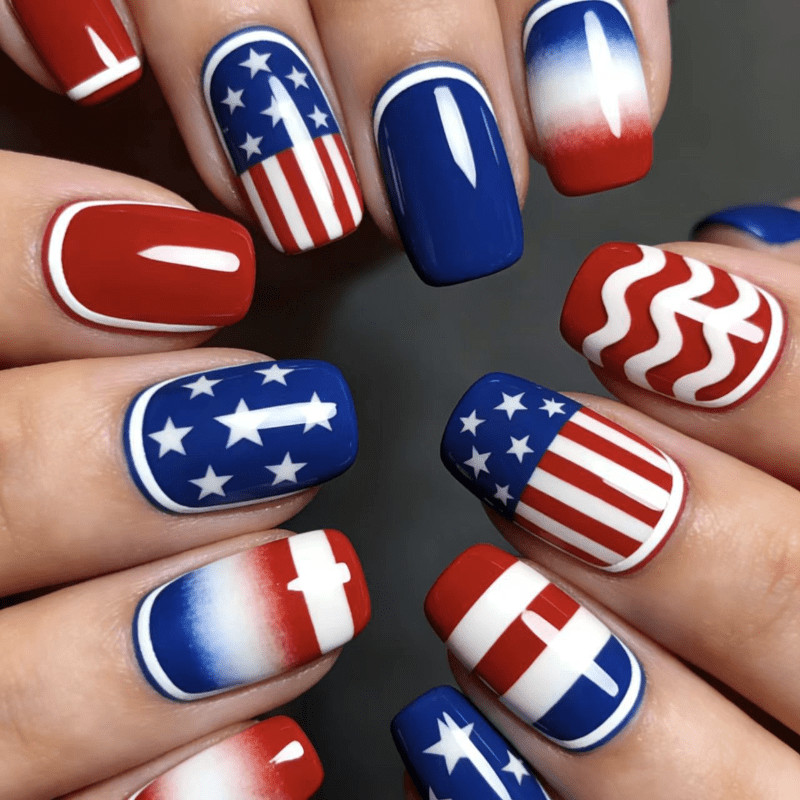 48 Pcs American Flag Press on Nails, Short Square Star Stripe Holiday Fake Nails