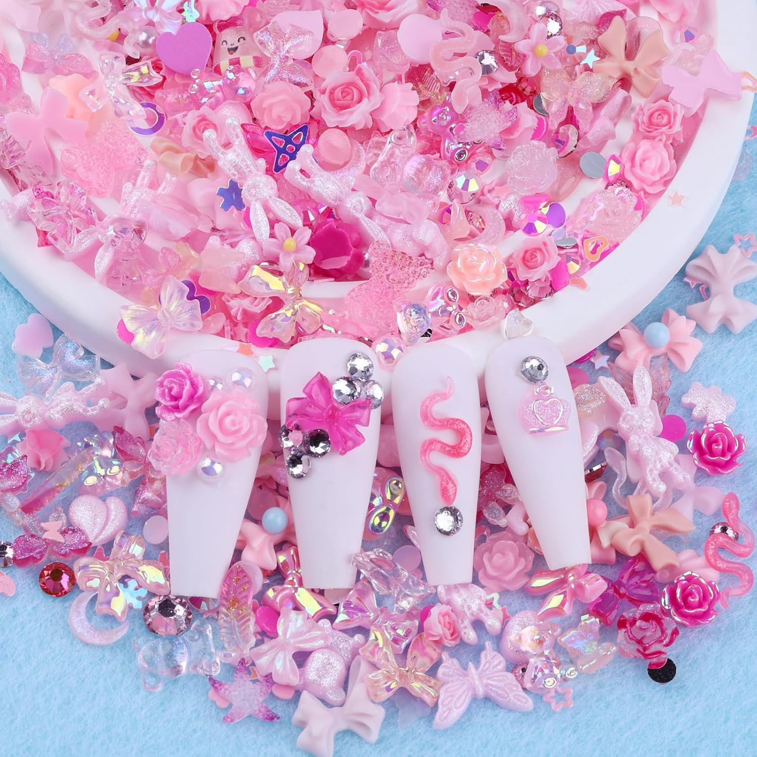 300Pcs Nail Art Charms Kit,Over 100Pcs Mixshape Resin Gems and 100 Pcs Mixed Fla