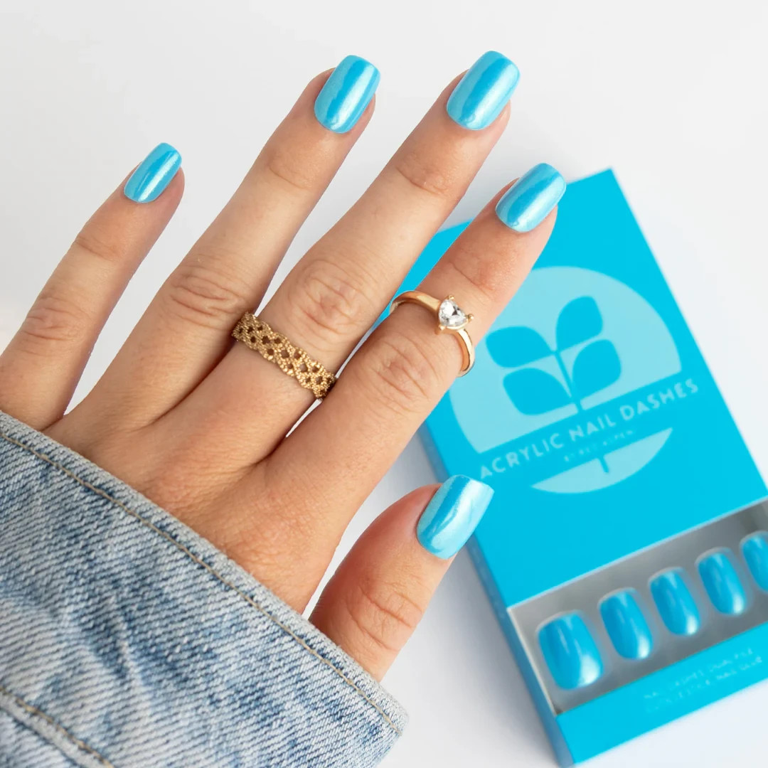 Red Aspen Press On Nails-Funky Korbyn Short Squoval Blue Acrylic