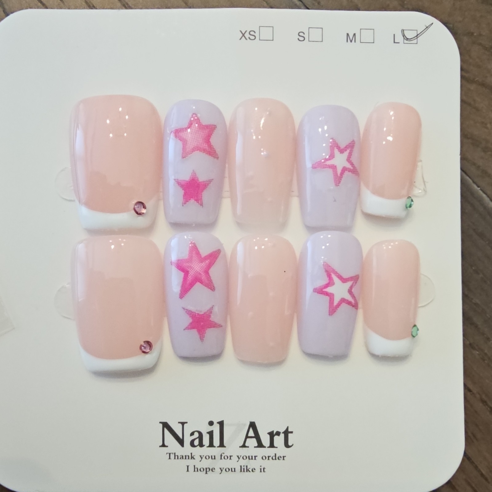 Press-On Nails Large Square Pink/White French Star Set