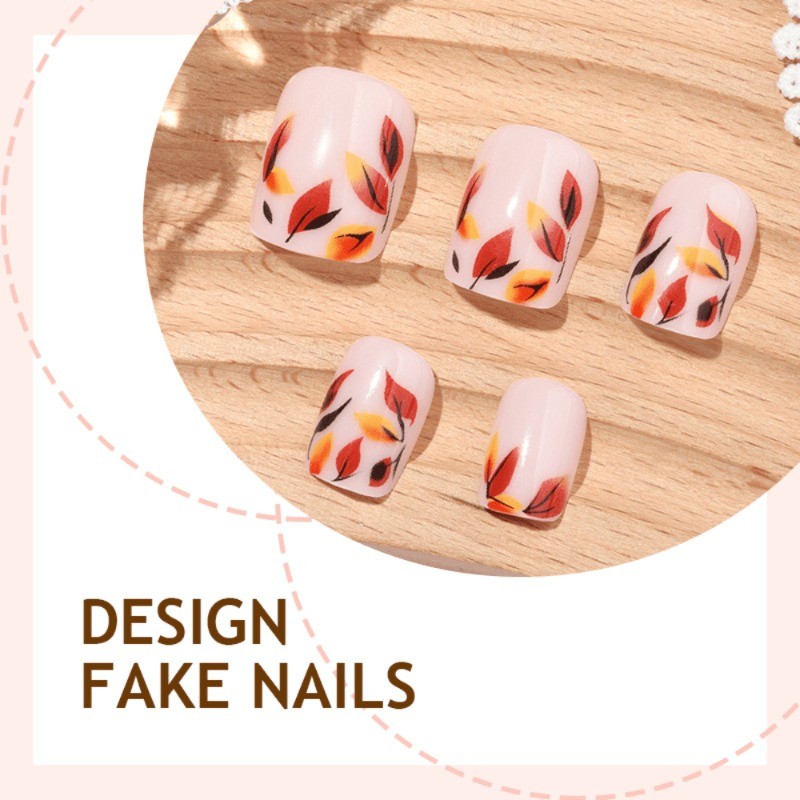 48 Pcs of Short Circular Removable and Reusable Fake Nail Art with Tree Leaves