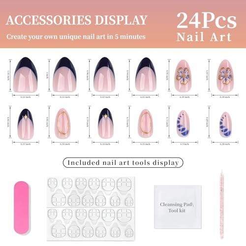 Medium Press on Nails Almond Flower Blue French Tip Blue Gold Flower Style