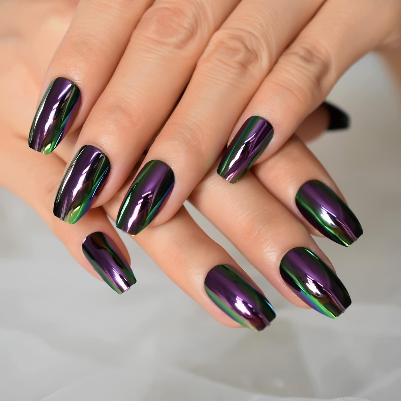 Short Midi Coffin Nails Chrome Mirror 24 Count (Pack of 1), Metal Rainbow