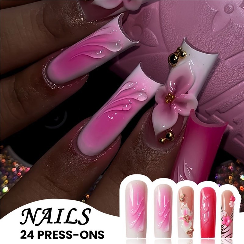 Long Pink Square Press on Nails 3D Wave Floral False Nails Wholesale