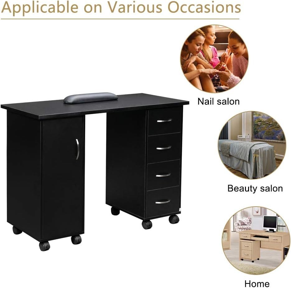 Nail Beauty Manicure Table with 4 Drawers, Lockable Wheels, 2 Shelves Storage…