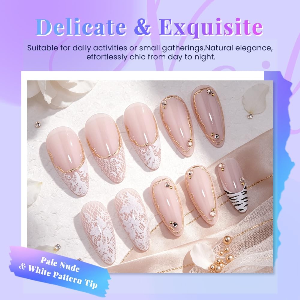 evpct Pale Nude French Almond Short Press on Nails with White Pattern Design,…