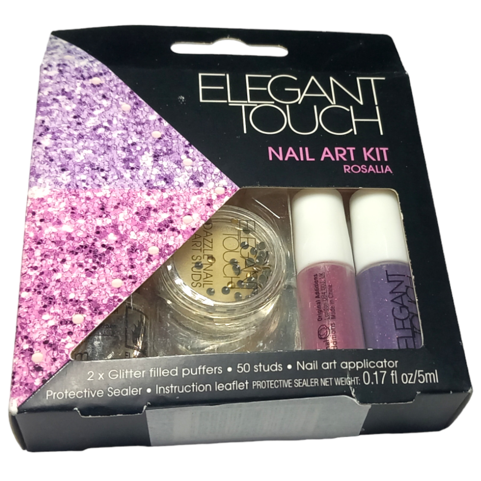 Elegant Touch Nail Art Kit Rosalia Glitter Studs Sealer Applicator Dazzle New
