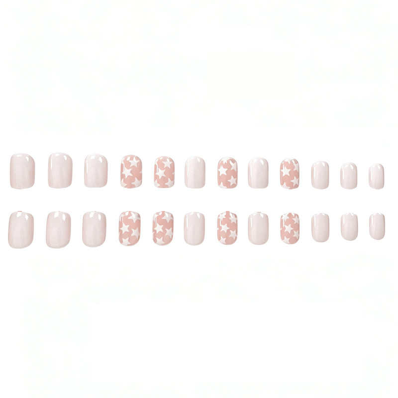 48pcs Short Almond Press on Nails, Nude Pink White Star Sweet Casual Nails