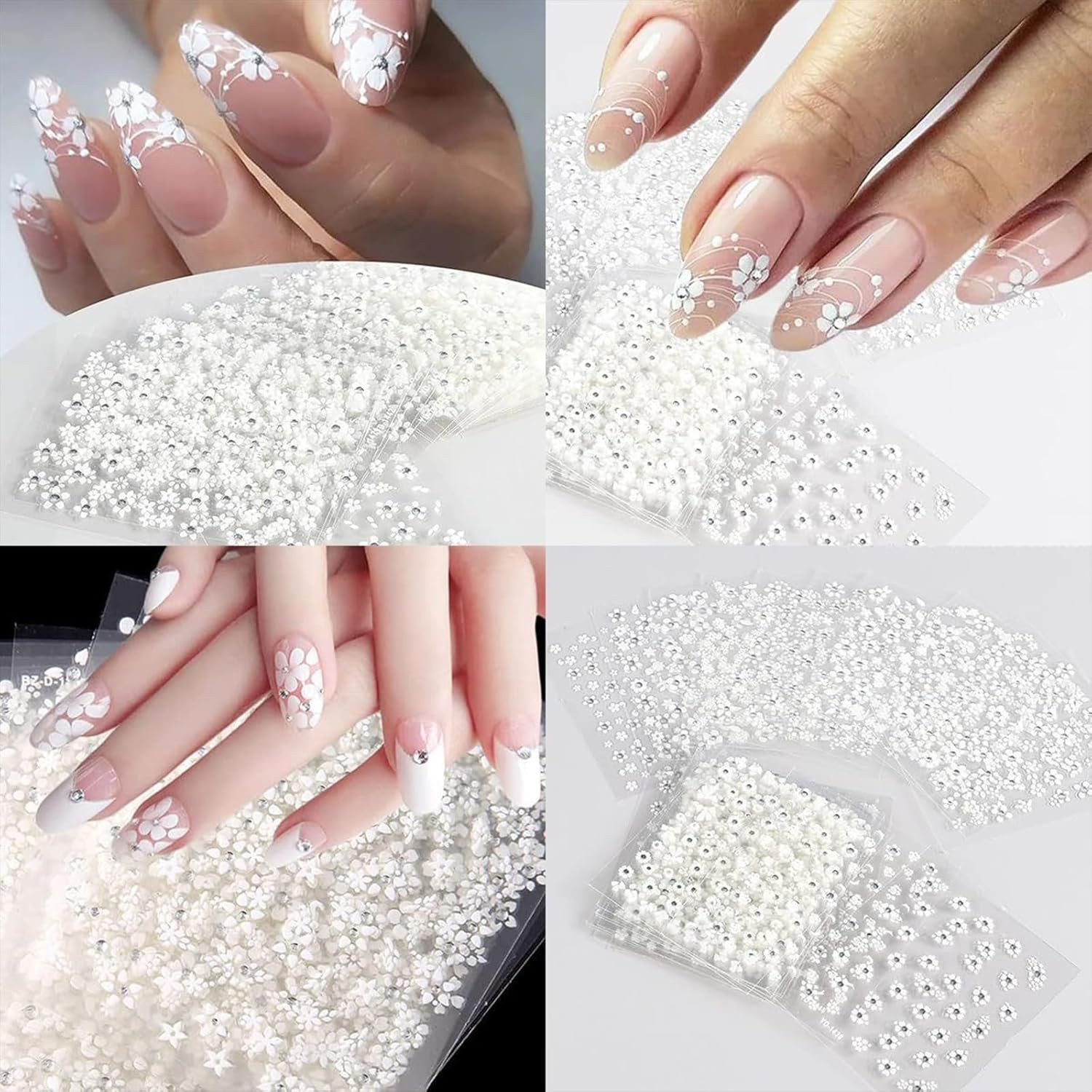 30 Sheets White Flower Nail Art Stickers with Rhinestones 3D Self Adhesive Desig