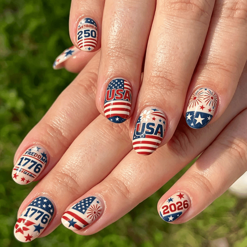 96Pcs Mixed Shape Nails, USA 250th Anniv, Flag Firework & Letter Print