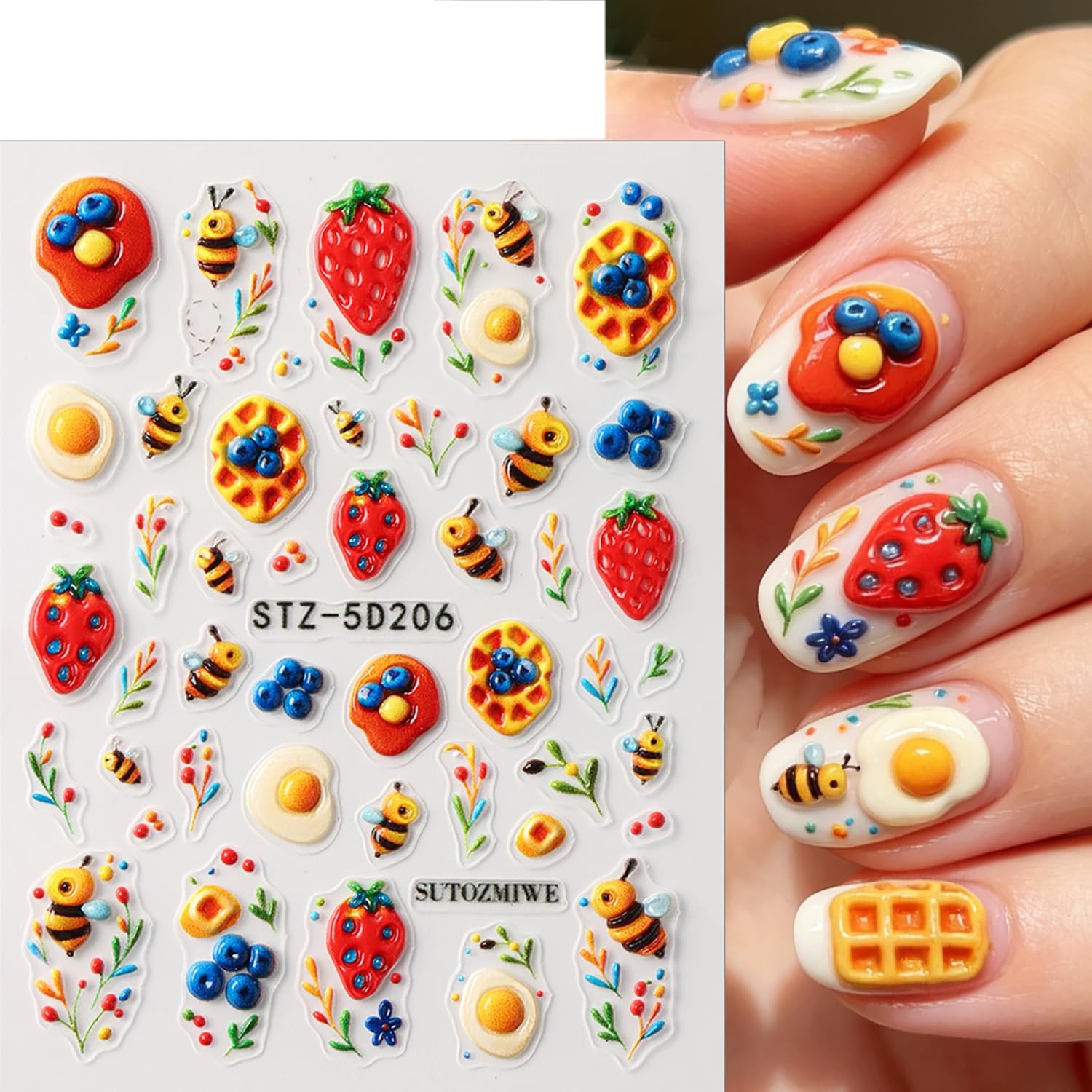 Bee Strawberry Nail Stickers 5D Embossed Cute Nail Art Stickers Self-Adhesive…