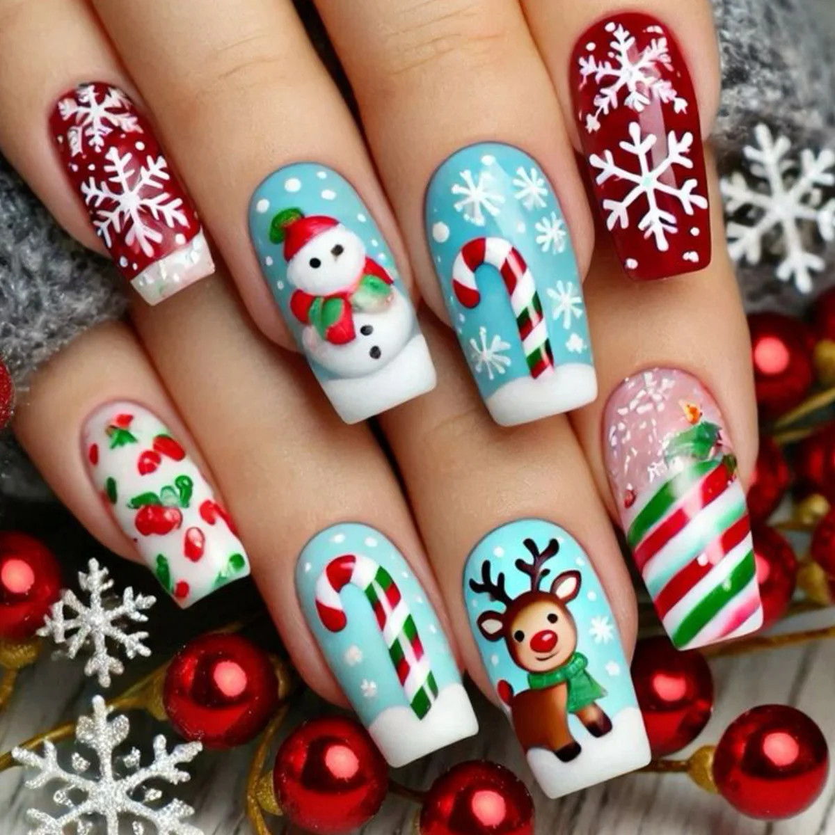 24pcs Green Christmas Santa Snowman Print Press On Nails