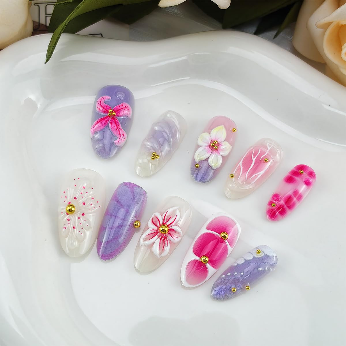 30Pcs Pink Flower Press on Nails Medium Almond Fake Nails with Gold Pearl Rhi…