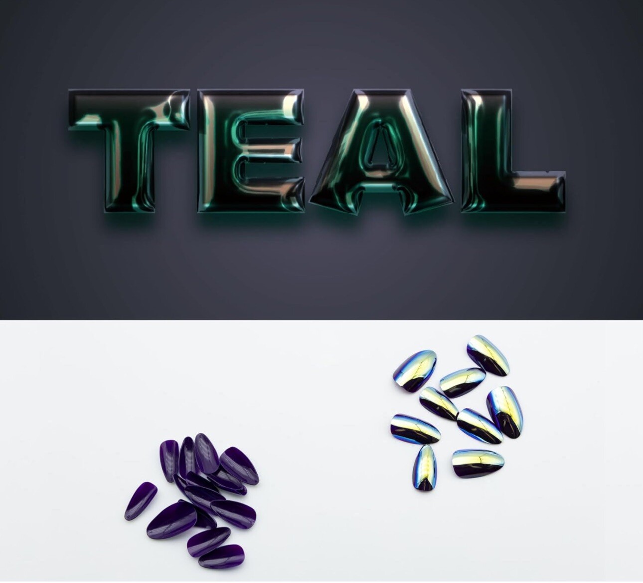 LEBON Radiant Chrome Press on Nails Short Fake Acrylic Almond 24 Pcs (No.11 TEAL