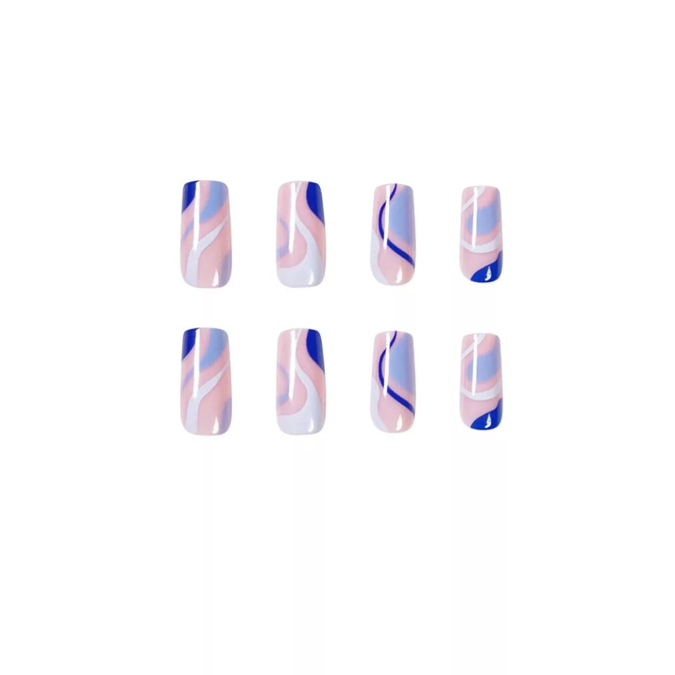 24 Press on nails kit w glue square Swirl Blue Nude design lava lamp pink