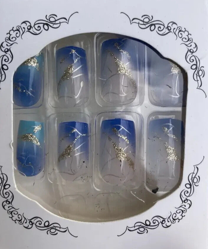 48 Pcs 2 Boxes Short Blue Gradient Press-On Nails Gold Metallic Marble Waves NIB