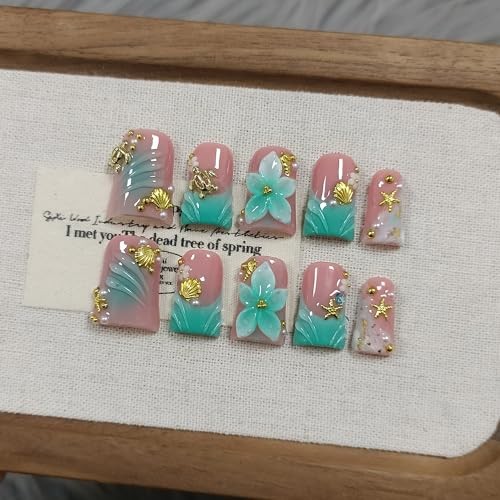 Duckbill Press on Nails – Ocean 3D Floral Teal Blushing Ombre L Dark Green