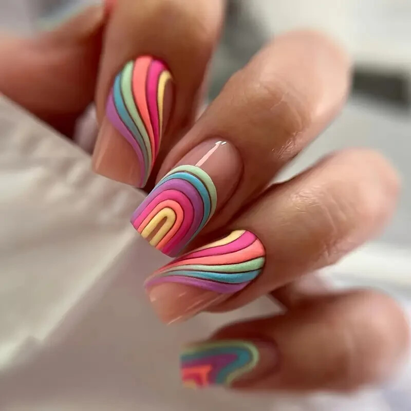 24pcs wearable nail products, new sweet and cool rainbow stripe pattern style