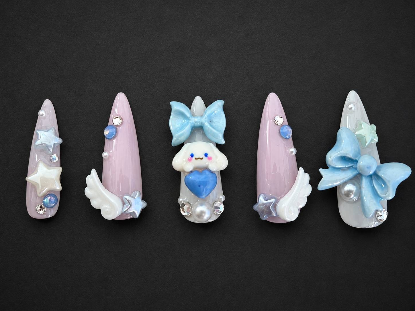 Japanese Handmade Kawaii 3D Character Press On Nails Blue & Pink Bow Nail Tips