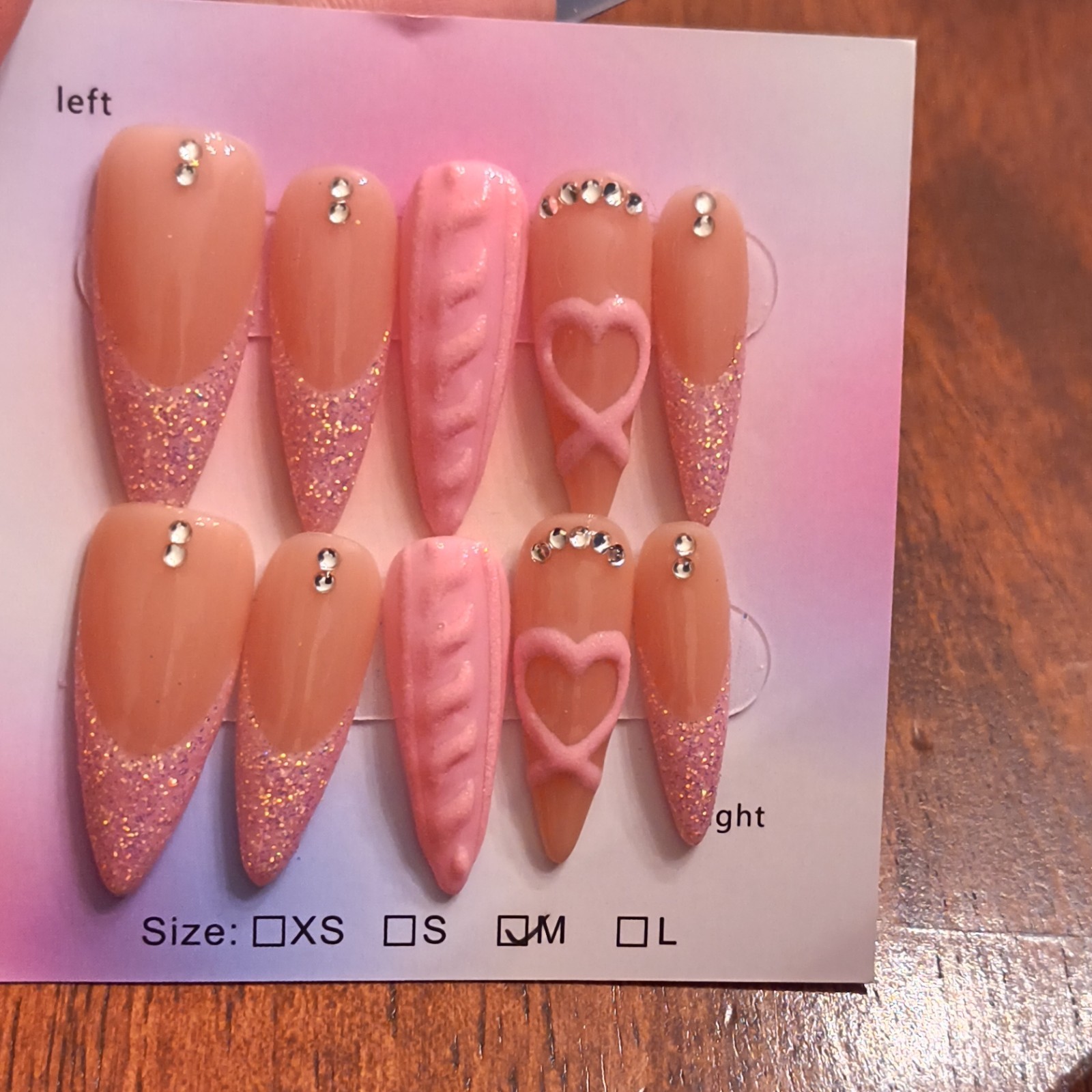 Press-On Nails Medium Almond Pink Nude Glitter 3D Heart Pre-Designed