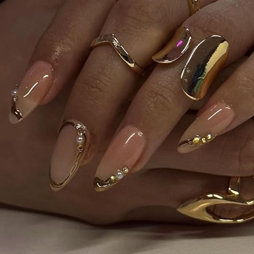 Almond Press on Nails Medium Glue on Nails Gold French 3D Gold Lines & Pearl