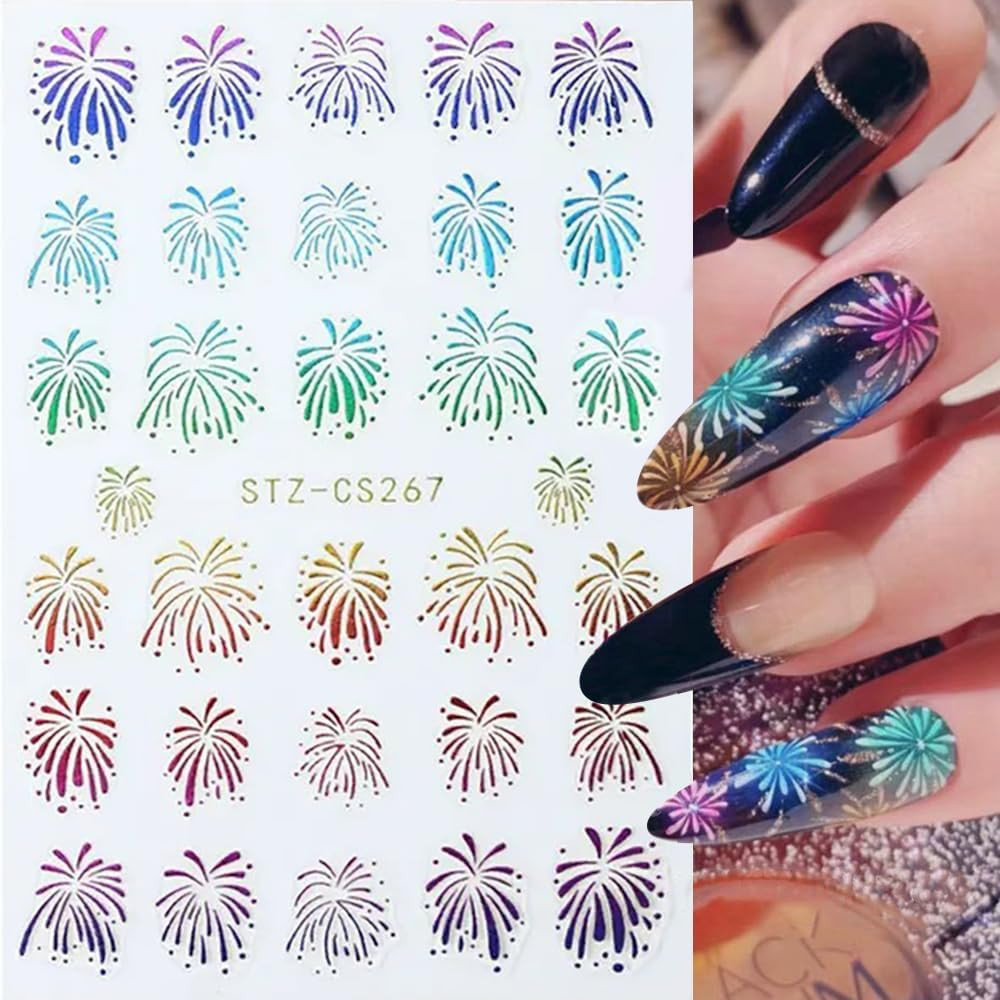 3D Glitter Firework Nail Stickers New Year Nail Art Stickers Colorful Fireworks