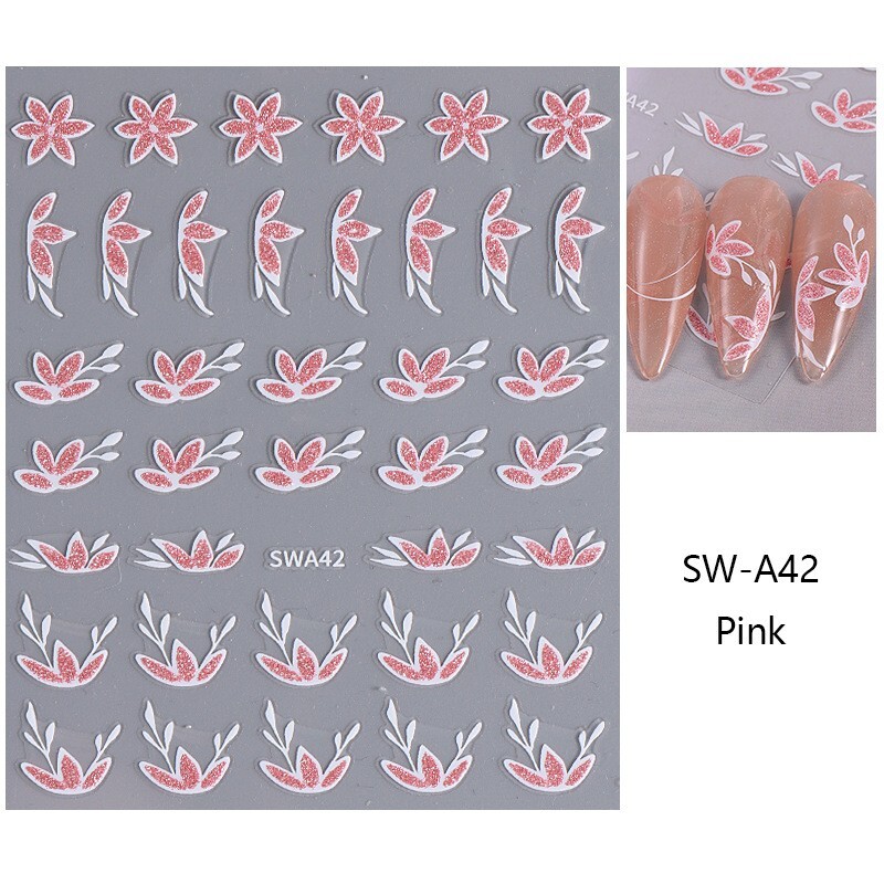 2Pcs White Pink Glitter Flower Floral Star French Nail Art Stickers Decals NH28