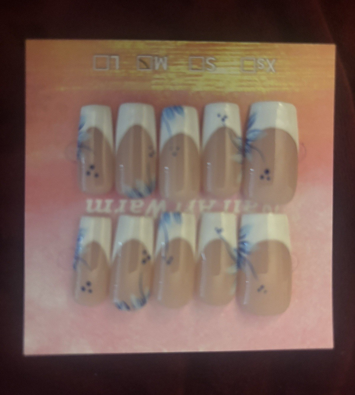 Press-On Nails Set Beige/White/Blue French Floral Medium Square Acrylic Full
