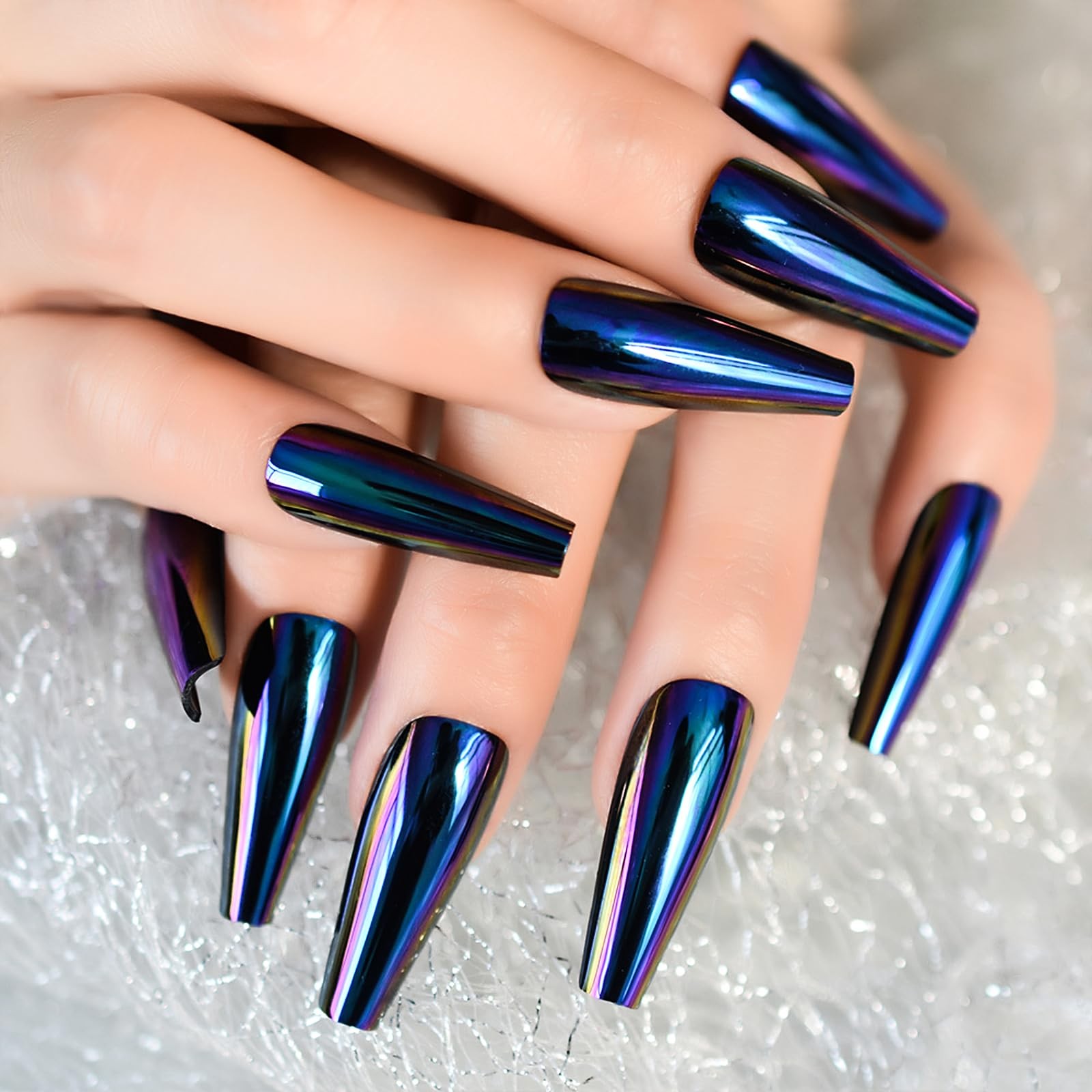 iMABC Press Metallic Mirror Holo Chrome Diamond Blue False Nails Extra Long C…