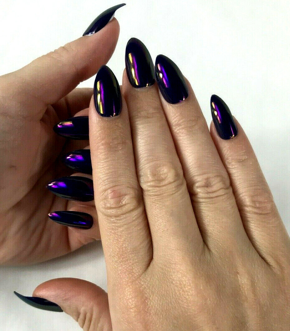 24pc Cosplay Goth Halloween Roleplay Press On Fake Metallic Purple Cat Nails Kit