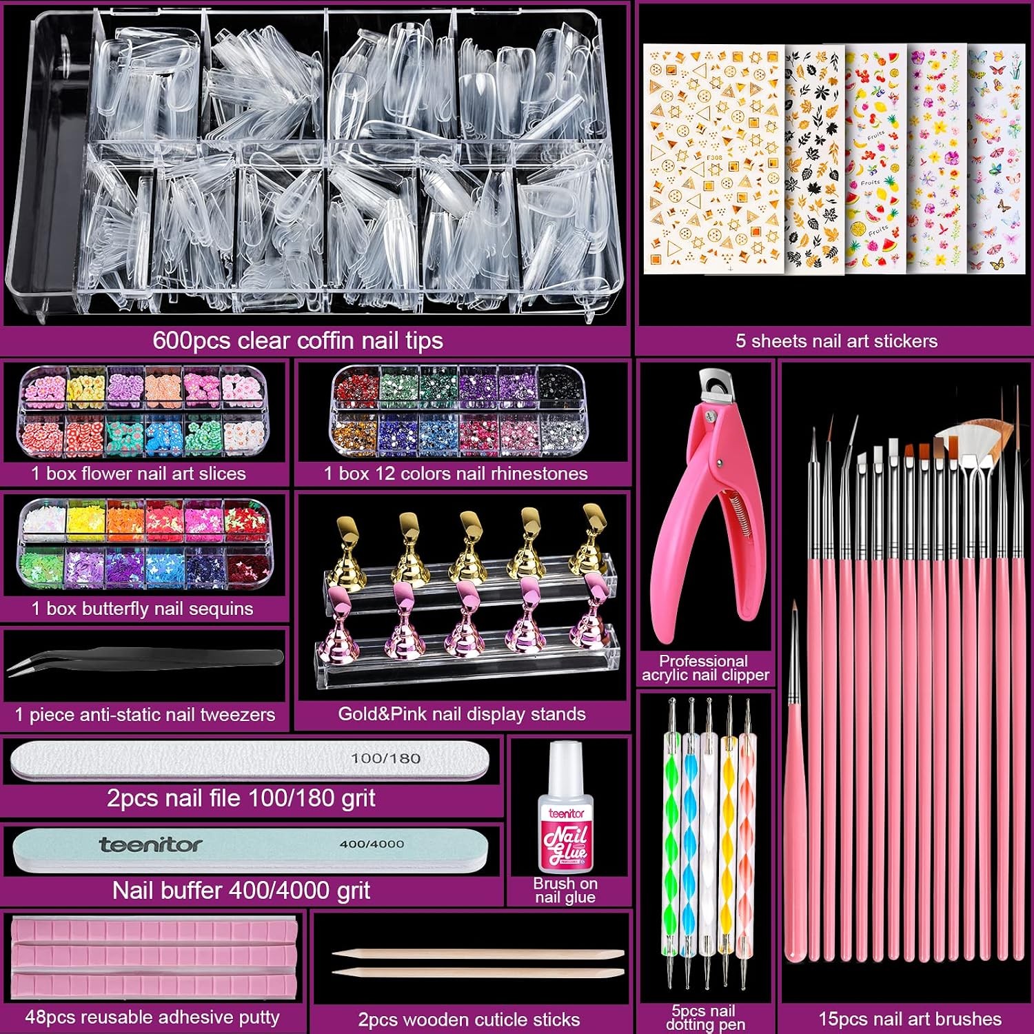 Teenitor Press On Nail Kit: Acrylic Fake Nails, Art Brushes, Decor