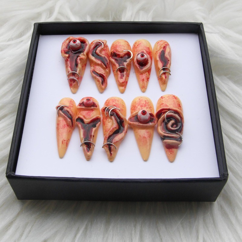 Flesh Wound Handmade Press on Nails Eyeball Piercing Scary Halloween Fake Nails