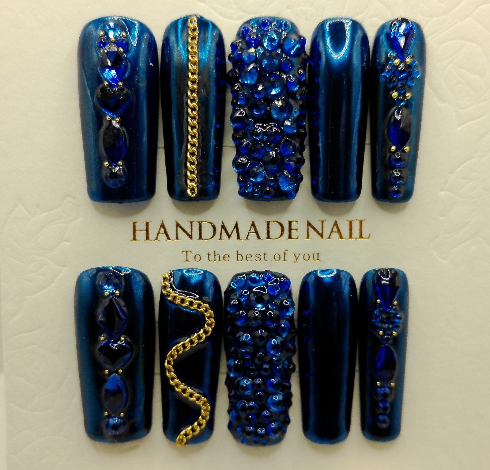 X Long Royal Blue Chrome Square Press-on Nails with Matching Gemstones – Large