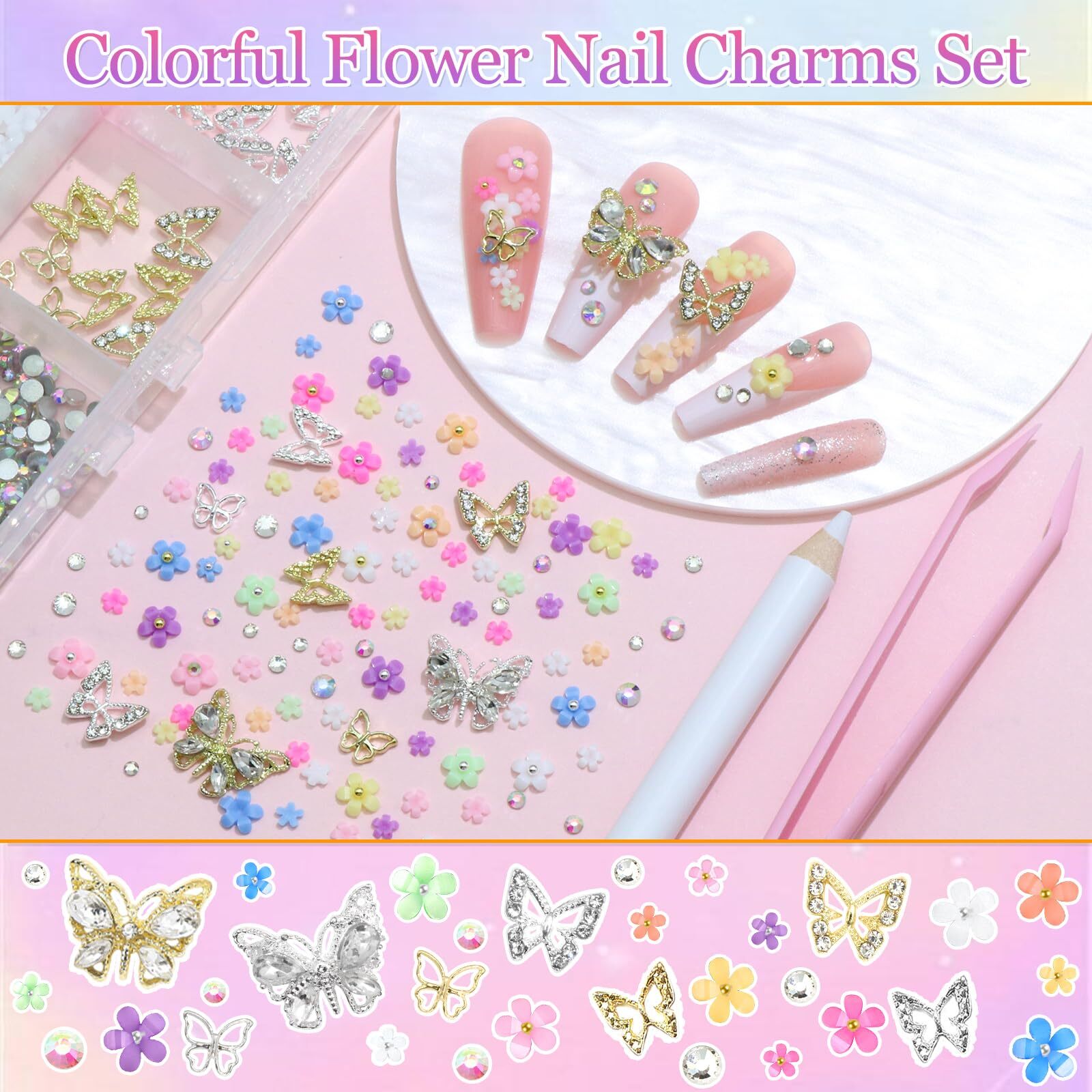 Flower Nail Charms Colorful 3D Flowers for Nails Metal Butterfly Nail Art Charms
