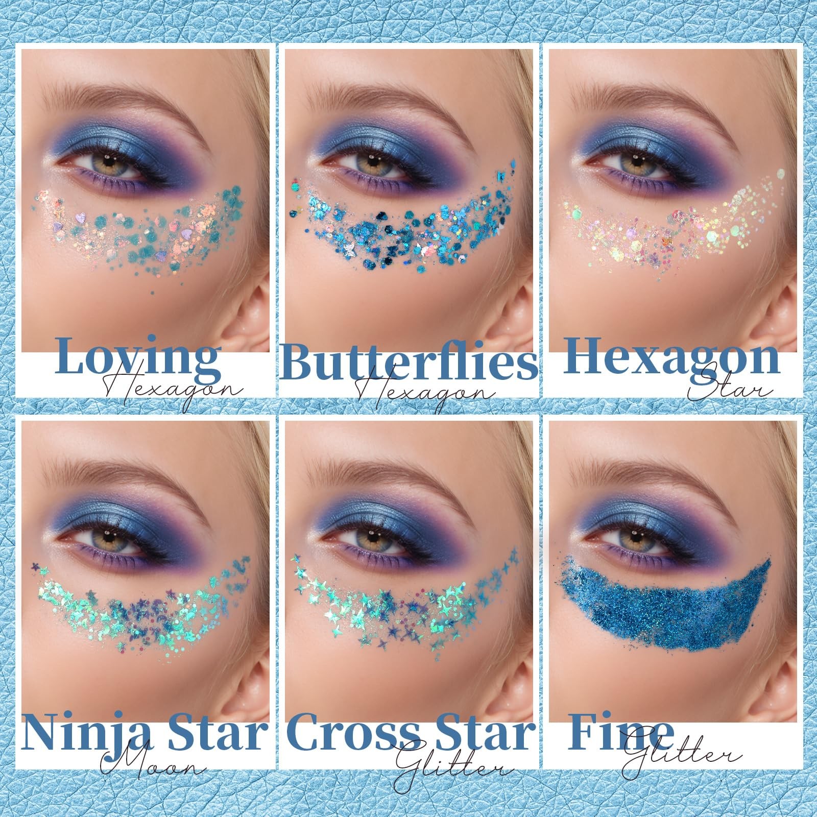 Face & Body Glitter – Blue, Hair Glitter Gel, 6 Shapes Festival Makeup Glitte…