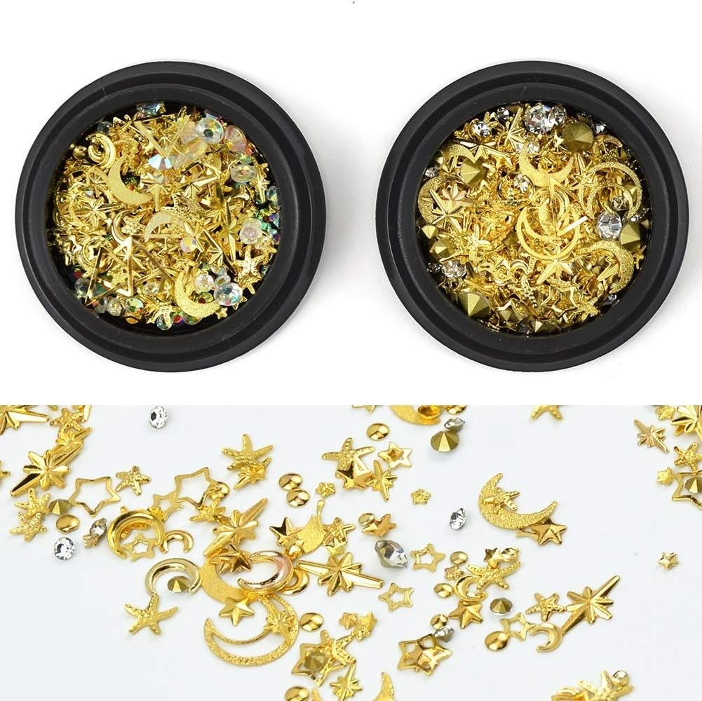 3D Gold Star & Moon Nail Charms – Sparkle Rhinestone Art for Valentine’s Day