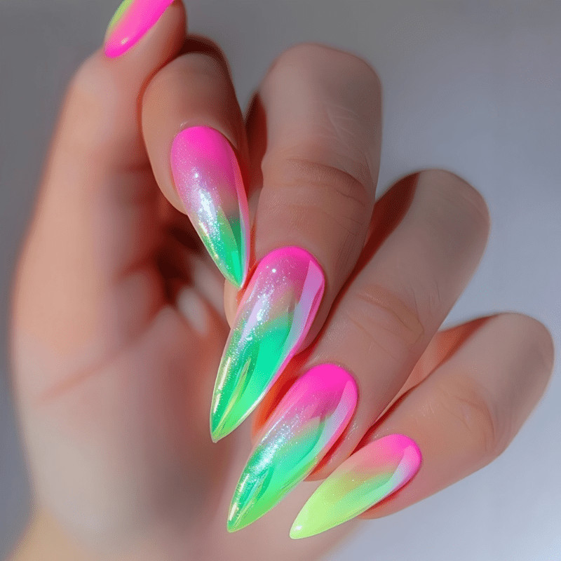 48Pcs-Long Stiletto Neon Pink Green Gradient Glitter Summer Party Press on Nails