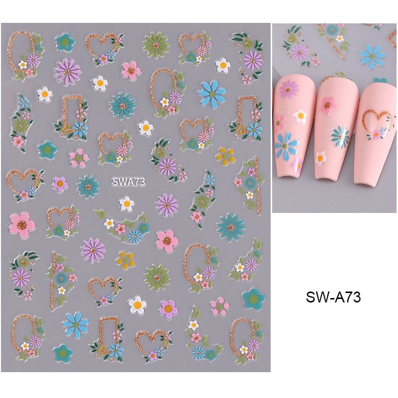 Pink White Daisy Nail Art Stickers Gold Swirl Line Small Wildflower Black Leave