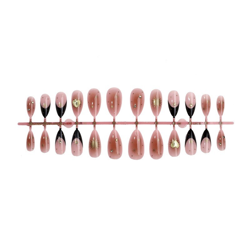 48Pcs-Long Almond Black Nude Gold Star Heart Glossy Press on Nails Set