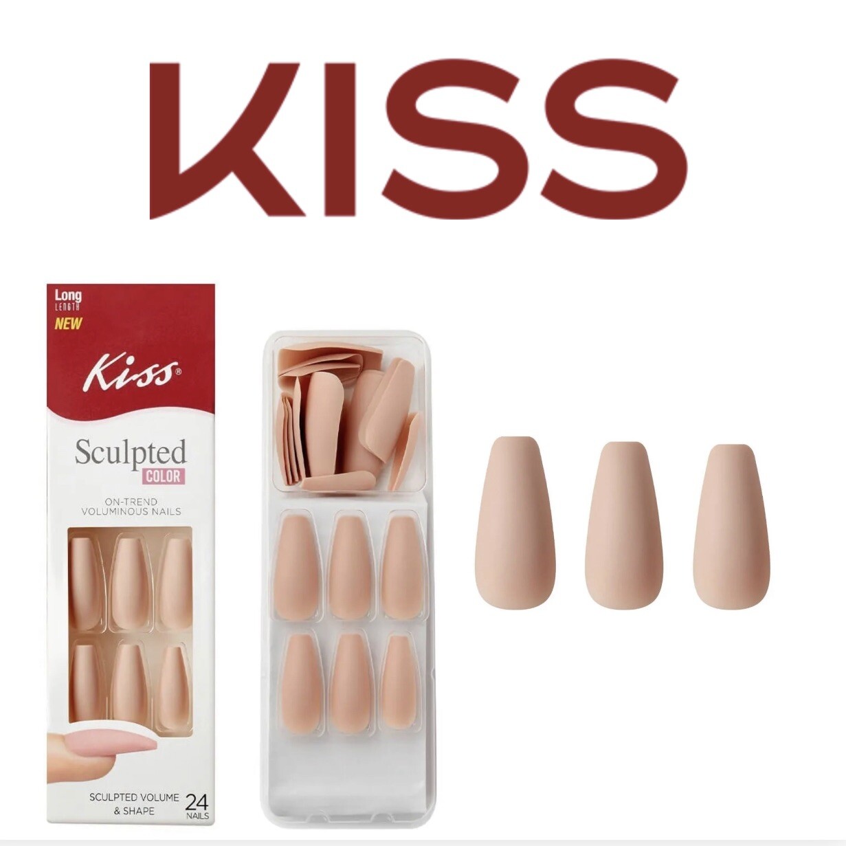 Kiss Sculpted Color Glue On Nails Nude Matte Long Coffin Farewell + FREE gift