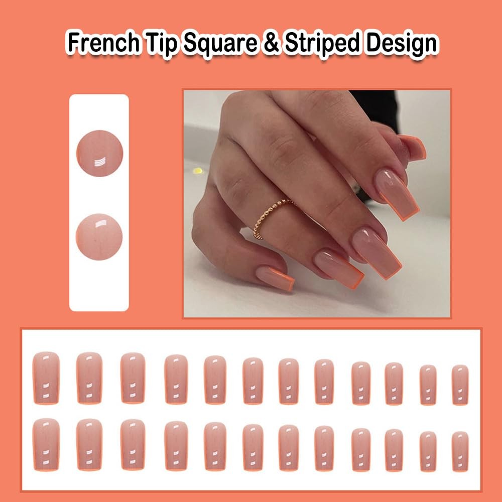 Orange Press on Nails Square Medium Fake Nail