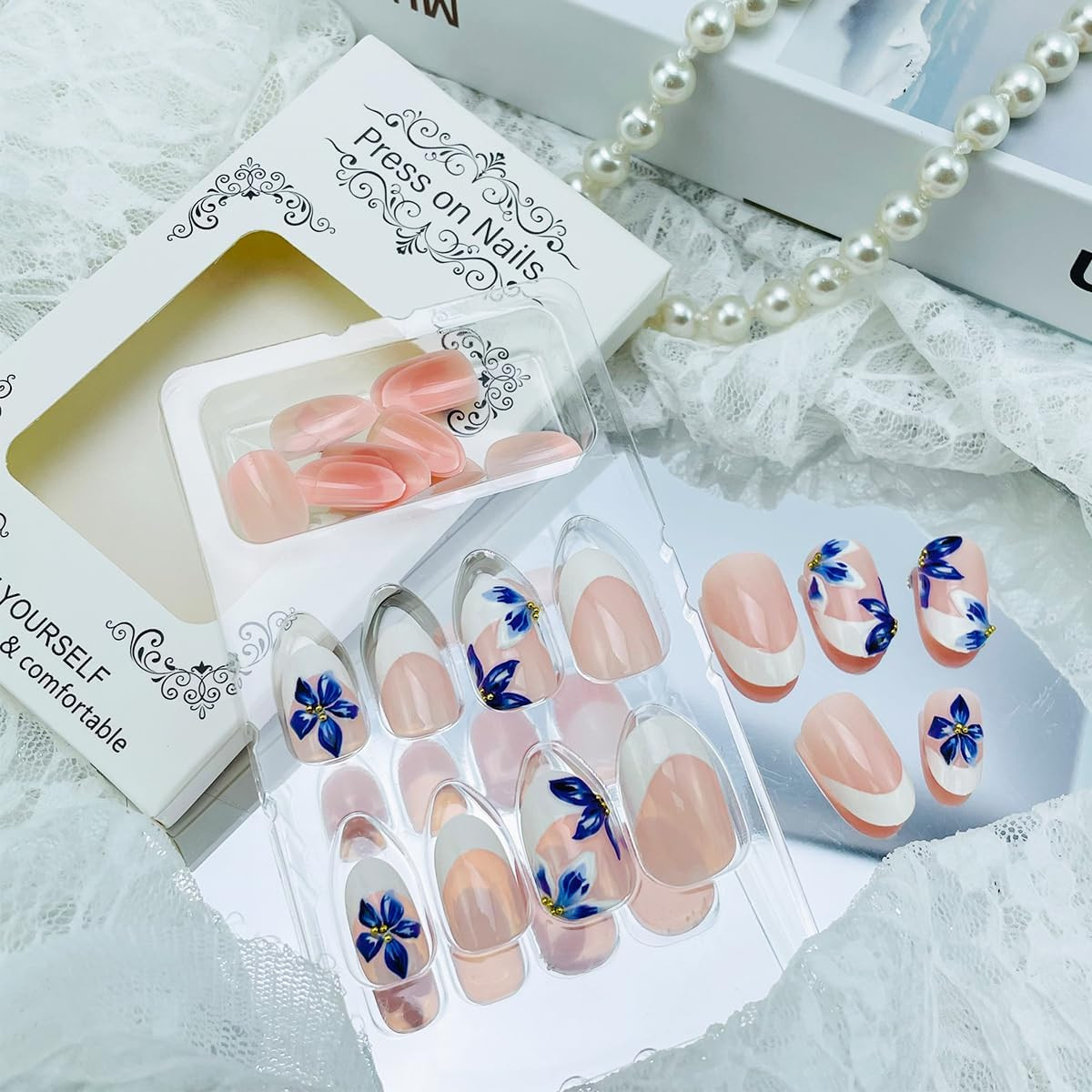 24Pcs Blue Flower Press on Nails Medium Almond French Tip Fake Nails 3D Floral G